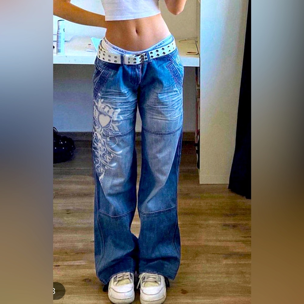 Low-rise washed heart pattern cargo jeans